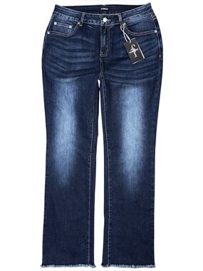 Flamingals NWT Mid Waist Boot Cut Jeans XL Butt Lifting Dark Wash V Cut Raw Hem